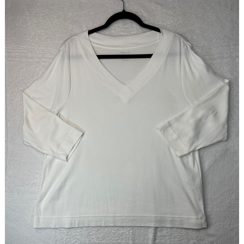 Chico's The Ultimate Tee Women Size L 2 White Pima Cotton V-Neck 3/4 Sleeve